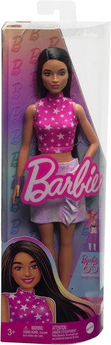 Panenka Barbie Fashionistas č. 215 s rovnými černými vlasy top s růžovým vzorem hvězd a duhovou sukní sběratelská módní panenka k 65. narozeninám HRH13 Naty Shop Dolls