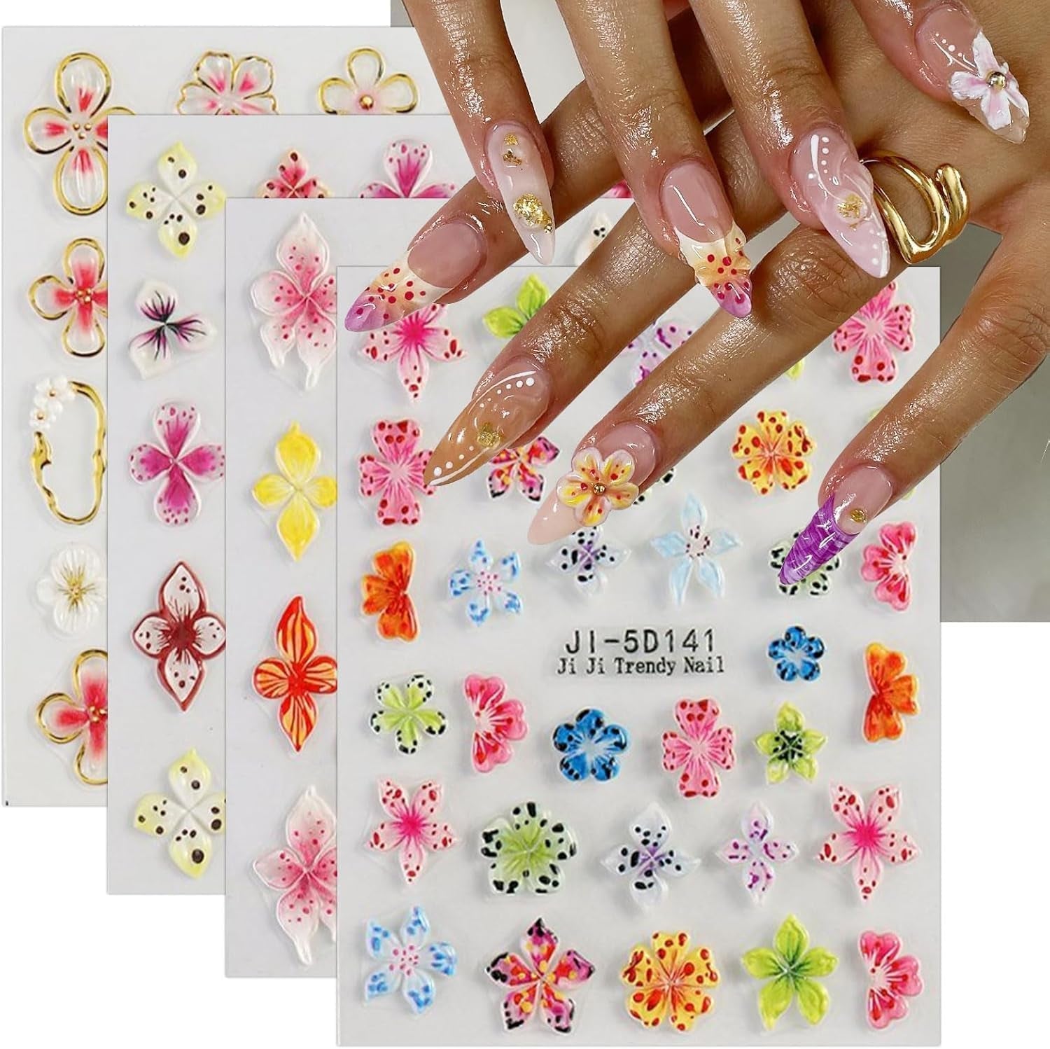 JMEOWIO 3D Nálepka na nehty Colorful Flower Nail Art Nálepka Selbstklebend Nagelaufkleber 5D Stereoskopické Jaro Léto Květinová dekorace Nageldesign Zubehör 4 Blatt