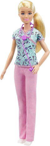 GTW39 panenka Barbie - zdravotní sestra (cca 30 cm) s potiskem a růžovými kalhotami, bílými botami a stetoskopem, skvělý dárek pro děti od 3 let