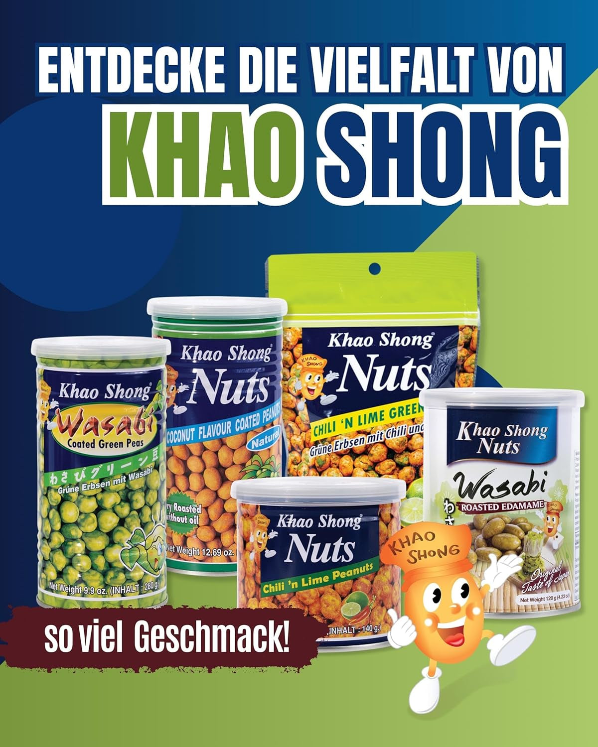 Khao Shong smažený zelený hrášek s wasabi, křupavý hrášek v pikantním těstíčku, nízkotučná alternativa k ořechům, středně pikantní, 1 plechovka 140 g | 140 g (1 balení)