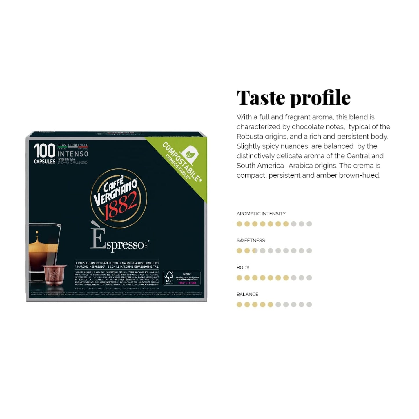 Caffè Vergnano 1882 - Èspresso Kompostierbare Kaffeekapseln, kompatibilní s Nespresso, Intenso (Intenso) - Packung Enthält 100 Kapseln
