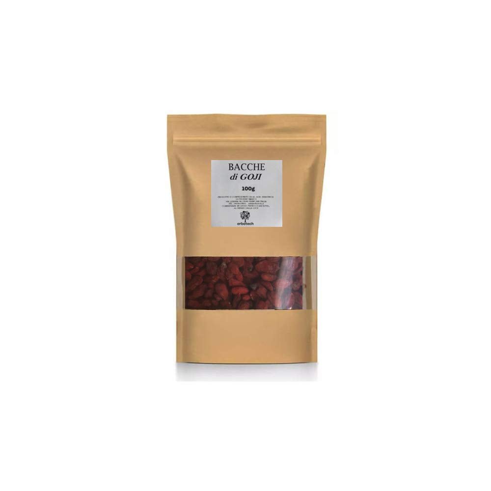 ERBOTECH Goji Berries 200 g, bobule goji s vysokým obsahem vitamínů, sušené ovoce bez cukru a síry, přírodní a energeticky bohaté superpotraviny, Made in Italy Dehydrované produkty Naty Shop 100 G