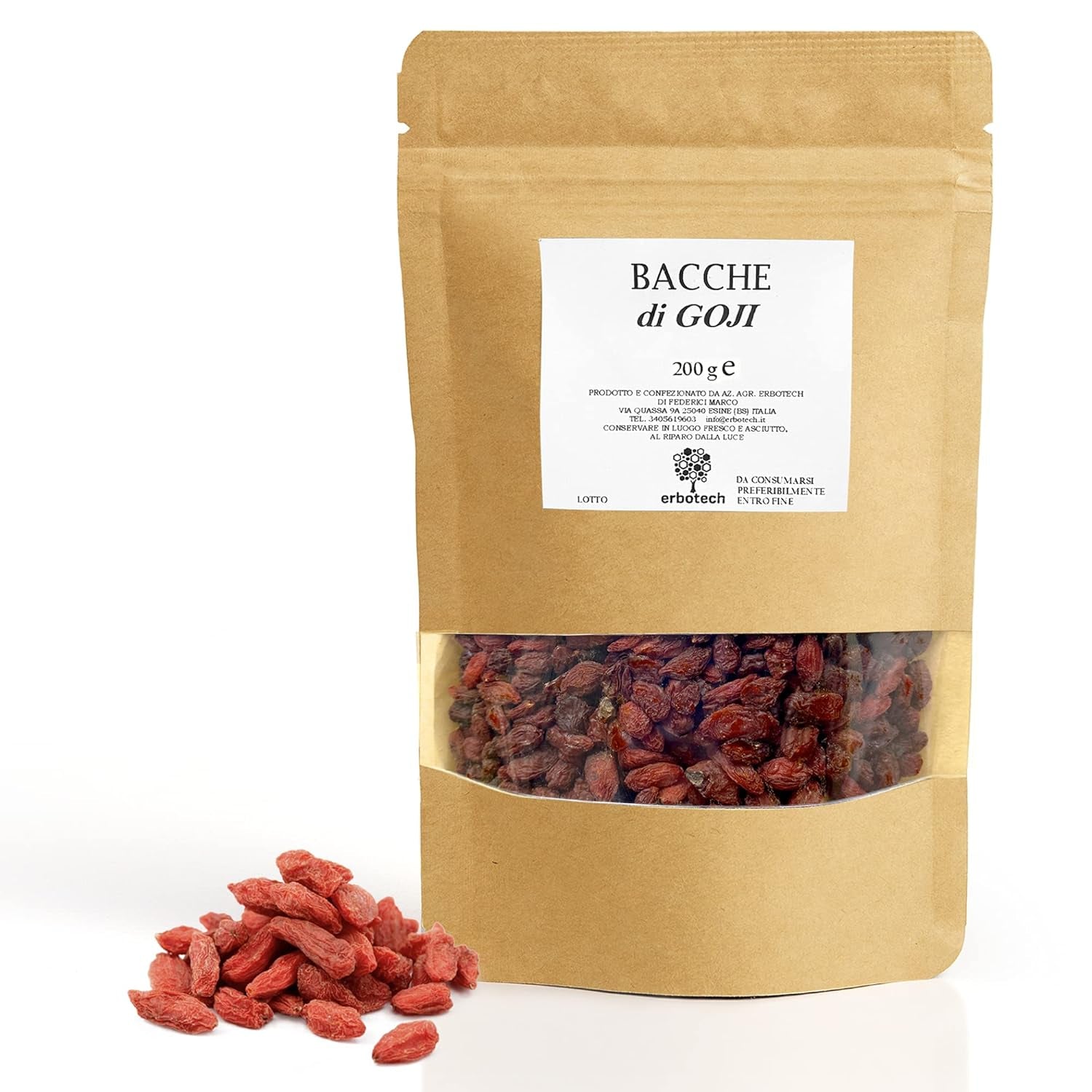 ERBOTECH Goji Berries 200 g, bobule goji s vysokým obsahem vitamínů, sušené ovoce bez cukru a síry, přírodní a energeticky bohaté superpotraviny, Made in Italy Dehydrované produkty Naty Shop 200 G