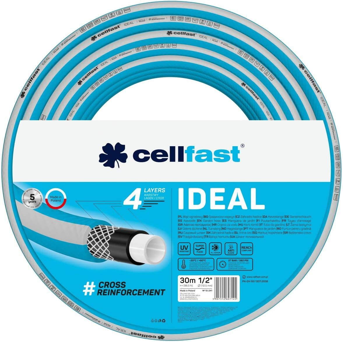 Zahradní hadice Cellfast IDEAL, Odolná, Flexibilní, 4 vrstvy, Odolný křížový oplet, odolný proti UV záření a řasám, Technologie REACH, 27 bar, -20/+60° krátkodobě 1/2", 30m
