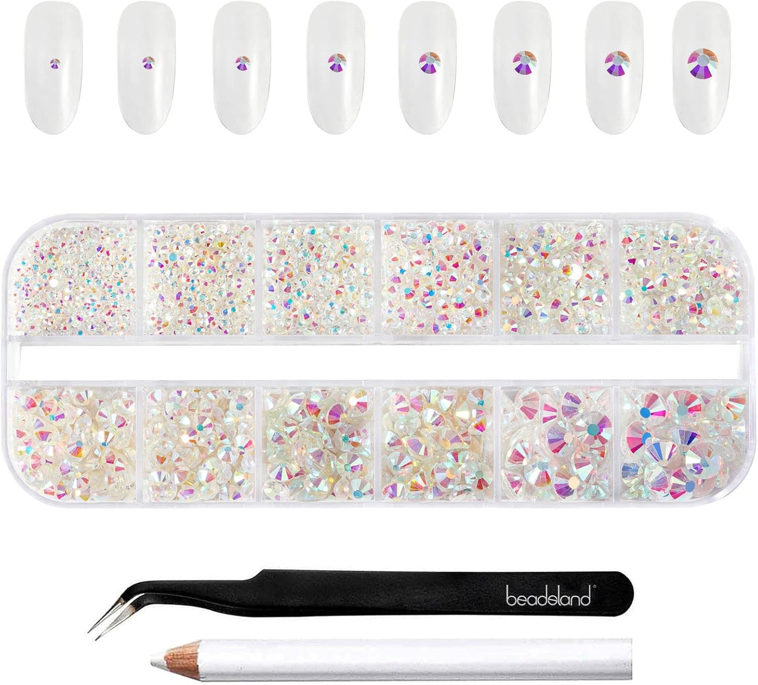 Beadsland 2500 ks Glas Nailart Strasssteine ​​​​Kristall Flatback Edelsteine ​​Runde, ​​Für Handwerk Gemischt 8 Größen SS4 ~ SS30 Mit Picking Pinzette Und Stift (Kristall Weiss)