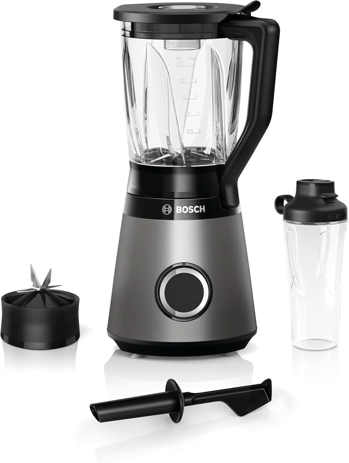 Bosch Standmixer Vitapower Serie 4 MMB6174SN, Verbesserte Version, Hochwertige Edelstahl-Klingen, 1,5L Glasbehälter, 0,6L To-Go-Flasche, Spülmaschinenfeste Teile, 30 000 U/Min, 1200 U/Mix, 1200 stříbrná prodejna-1 Kuchyně