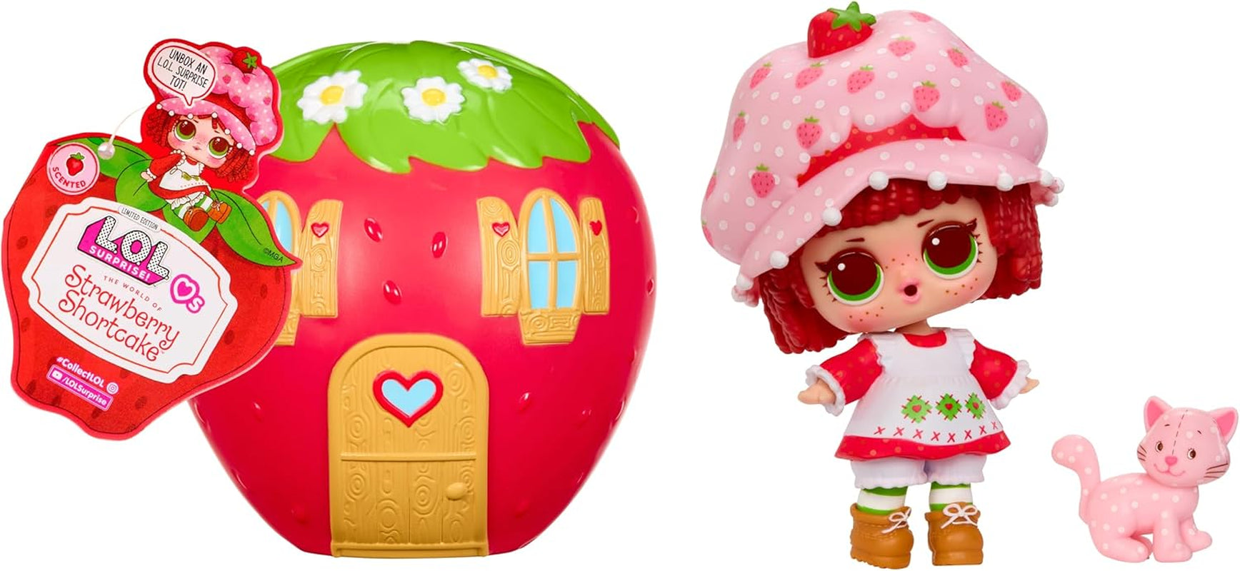 LOL Překvapení! Loves Strawberry Shortcake Tots – sběratelské voňavé panenky se 7 překvapeními, mazlíčkem, módou, botami, kloboukem, herní sadou s jahodovým koláčem, konvertibilní dům, věk 4+