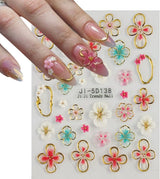 JMEOWIO 3D Nálepka na nehty Colorful Flower Nail Art Nálepka Selbstklebend Nagelaufkleber 5D Stereoskopické Jaro Léto Květinová dekorace Nageldesign Zubehör 4 Blatt