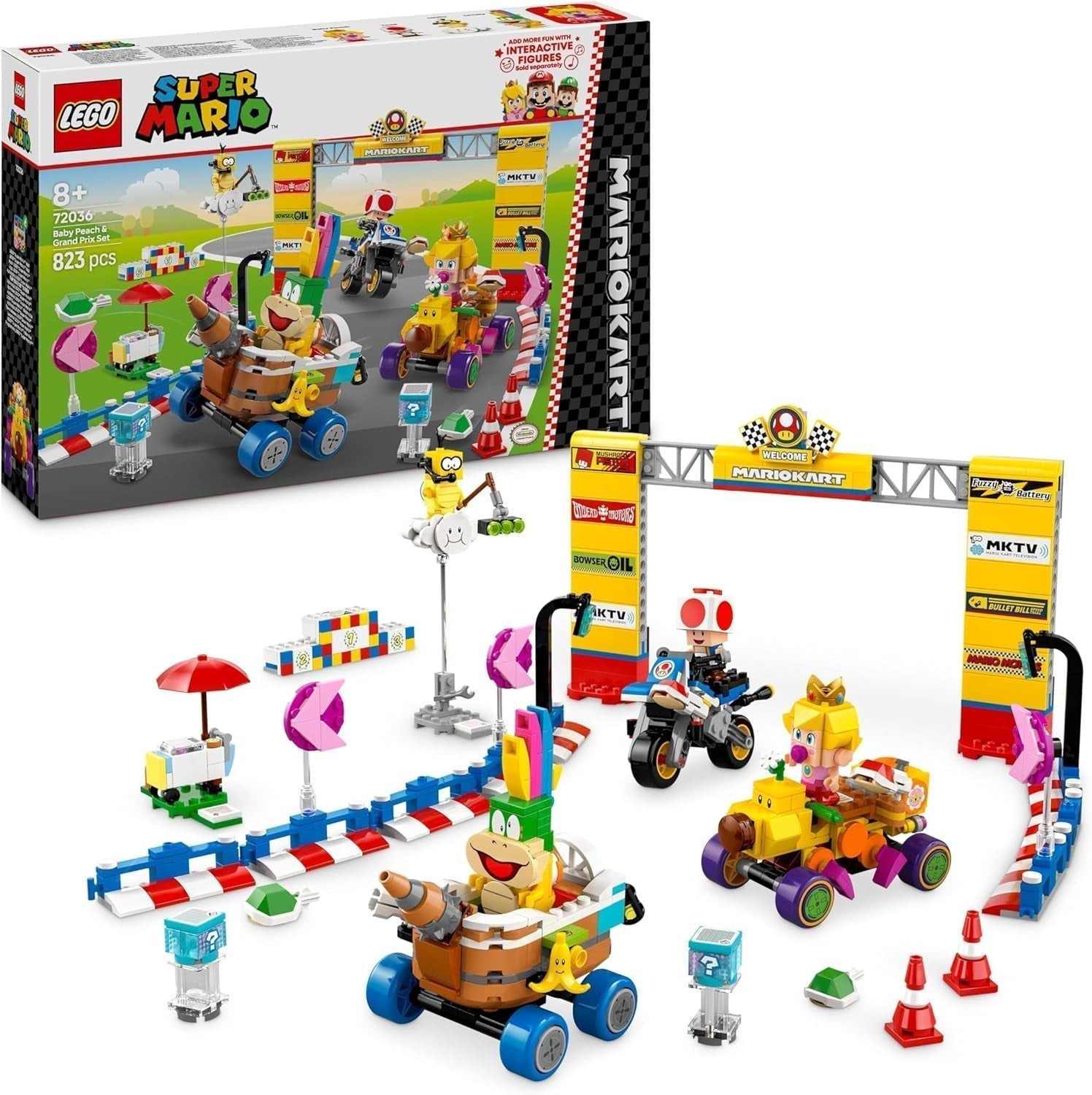 LEGO Super Mario: Mario Kart – sada broskev a Grand Prix, figurky Nintenda – ropucha, Lakitu, broskev a lemmy, dárek pro chlapce, dívky a hráče 8+, dobrodružná hračka 72036 Stavebnice Besuche den LEGO-Store Výchozí název