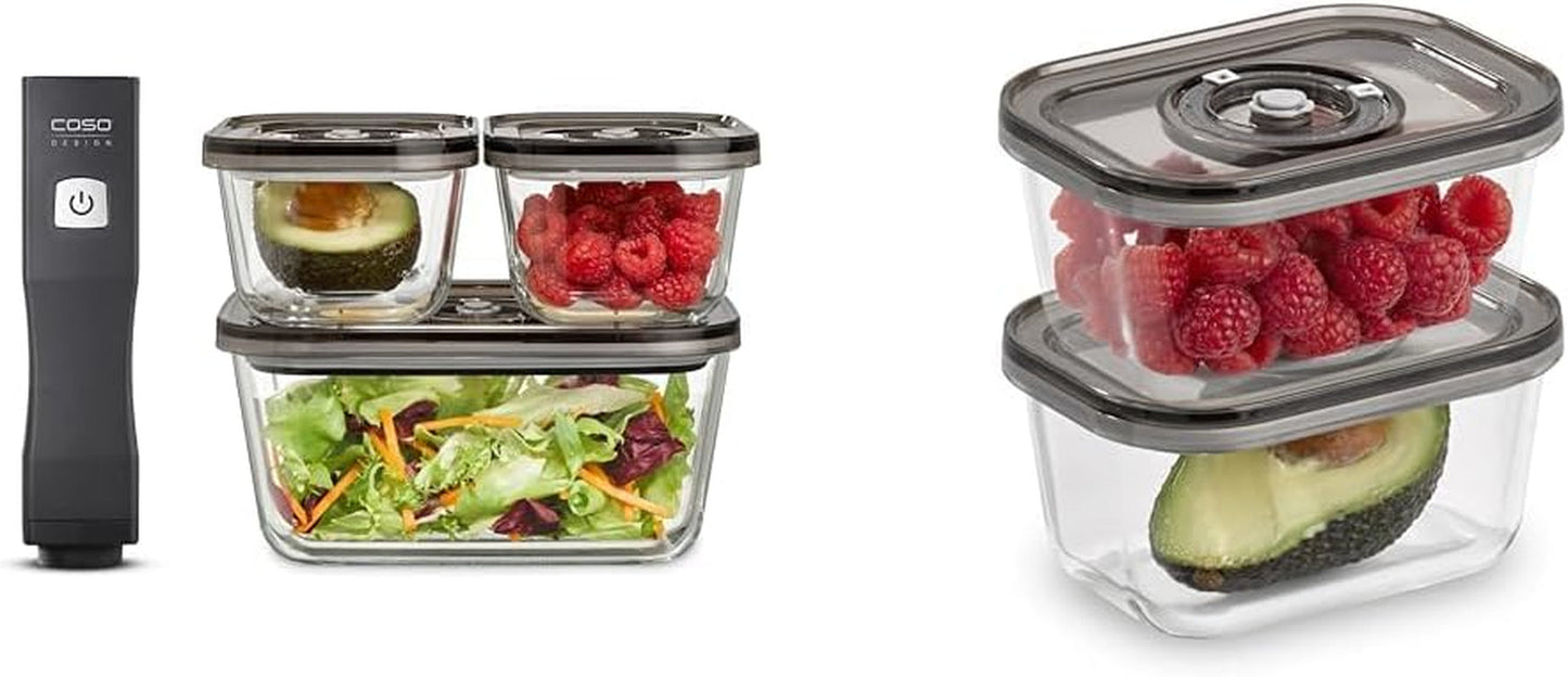 Sada Caso Vacu OneTouch Eco, ruční vakuová zatavovačka, včetně 3 skleněných vakuových nádob a VacuBoxx Eco-Duo S - vakuová nádoba na čerstvost / 2 nádoby po 500 ml Dózy na potraviny Naty Shop Výchozí název