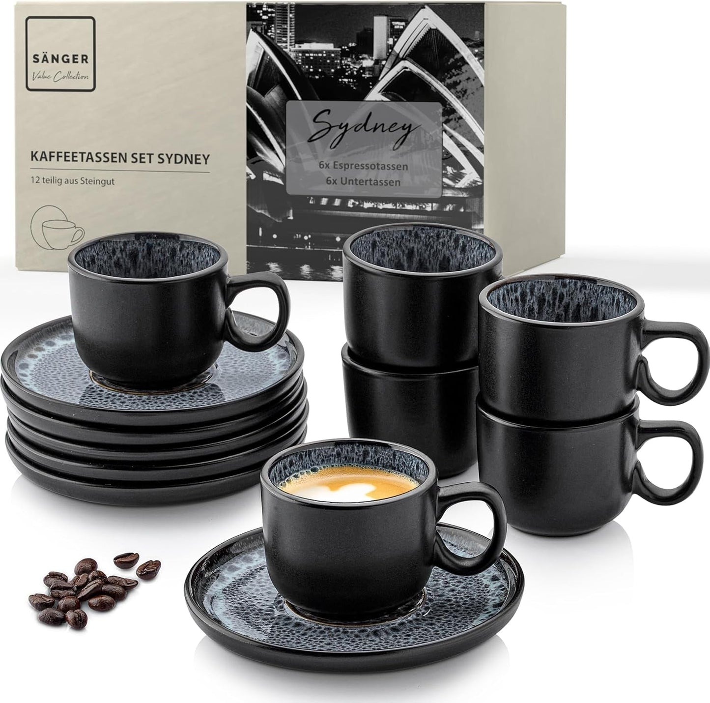 SANGER Sydney | Keramický šálek na espresso sada 12 ks, sada mocha šálků pro 6 ks, šálky a podšálky, vhodné do myčky a mikrovlnné trouby, tmavě šedá, 80 ml | SBÍRKA HODNOT