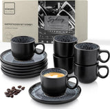 SANGER Sydney | Keramický šálek na espresso sada 12 ks, sada mocha šálků pro 6 ks, šálky a podšálky, vhodné do myčky a mikrovlnné trouby, tmavě šedá, 80 ml | SBÍRKA HODNOT