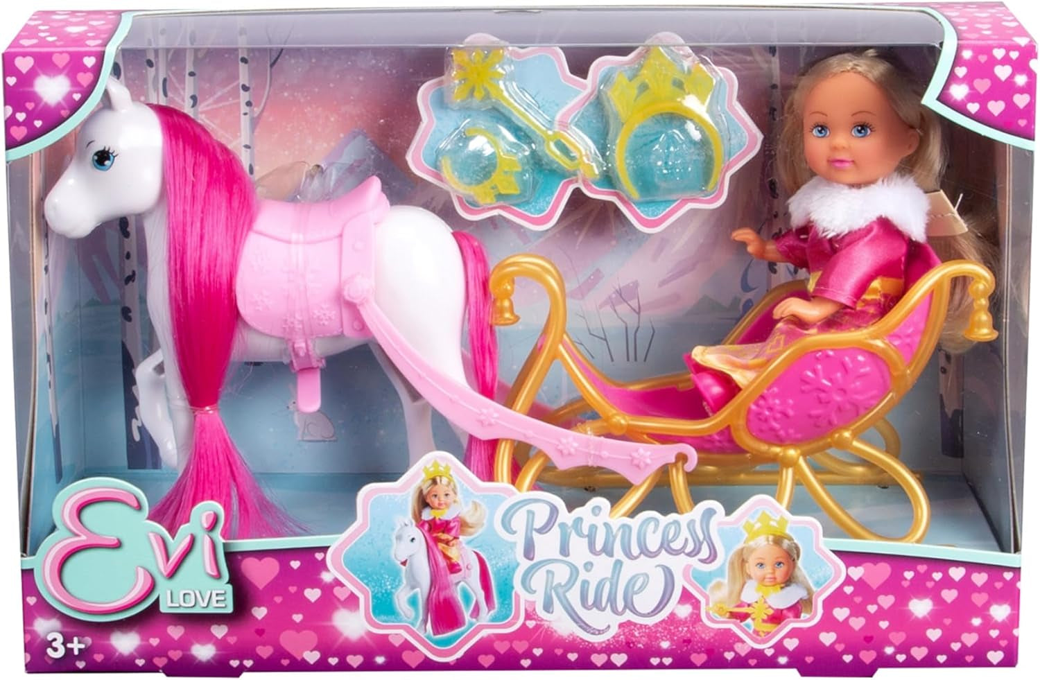 Simba Evi Love Princess Ride, panenka princezna se sáněmi a zimním koněm, doplňky pro princezny, 12 cm, věk 3+