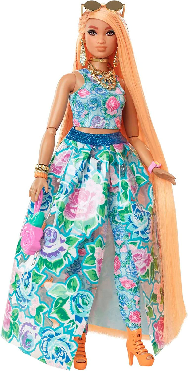 Barbie Extra Fancy, křivky dlouhé jahodové blond vlasy, dvoudílný oblek, modrá kočka, růžová taška, ananasové sluneční brýle včetně panenky, vhodné jako dárek, panenky Hhn14 Naty Shop