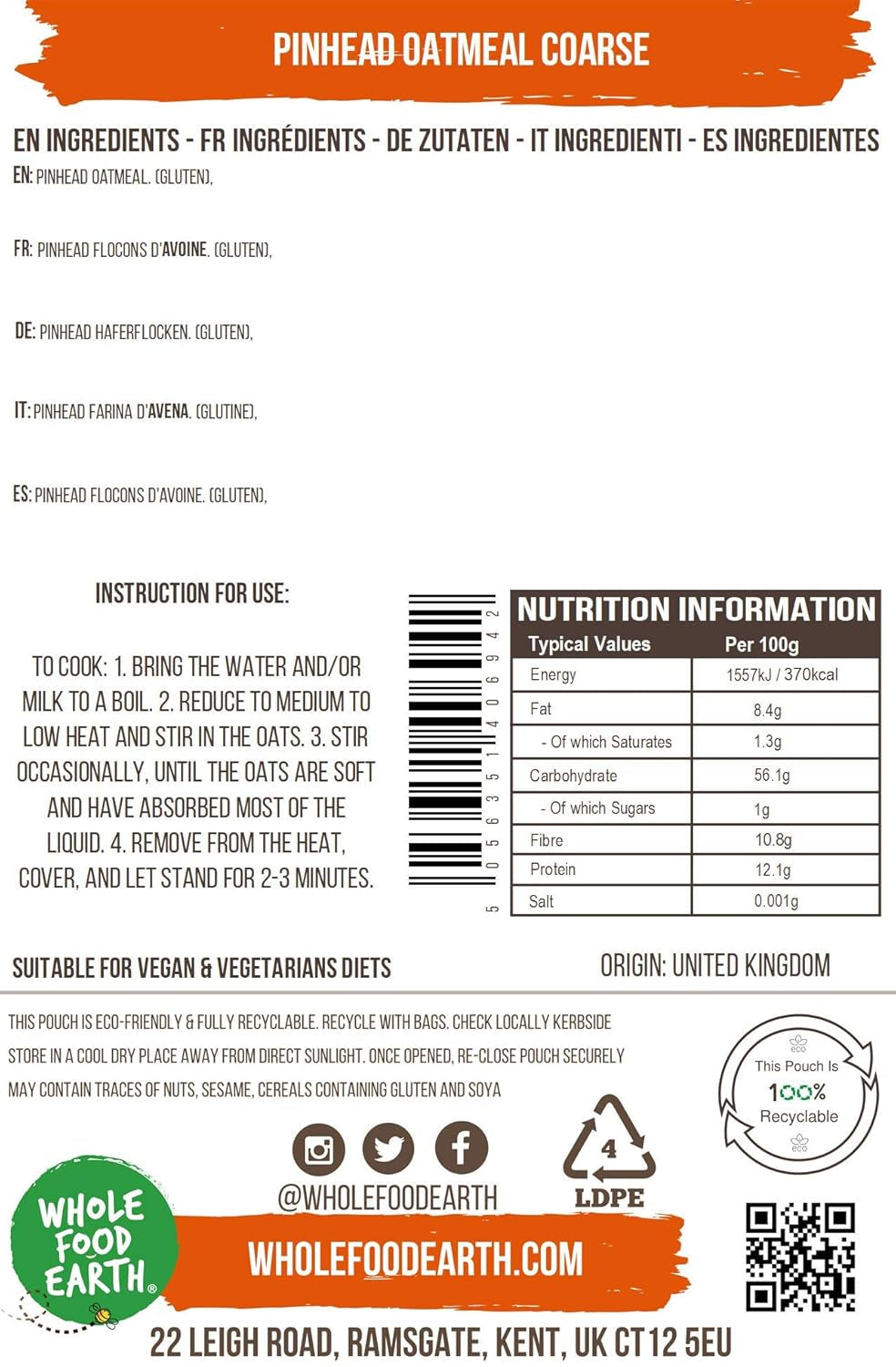 Wholefood Earth Pinhead Ovesné vločky hrubé stabilizované 3kg | Bez GMO | Bohaté na vlákninu