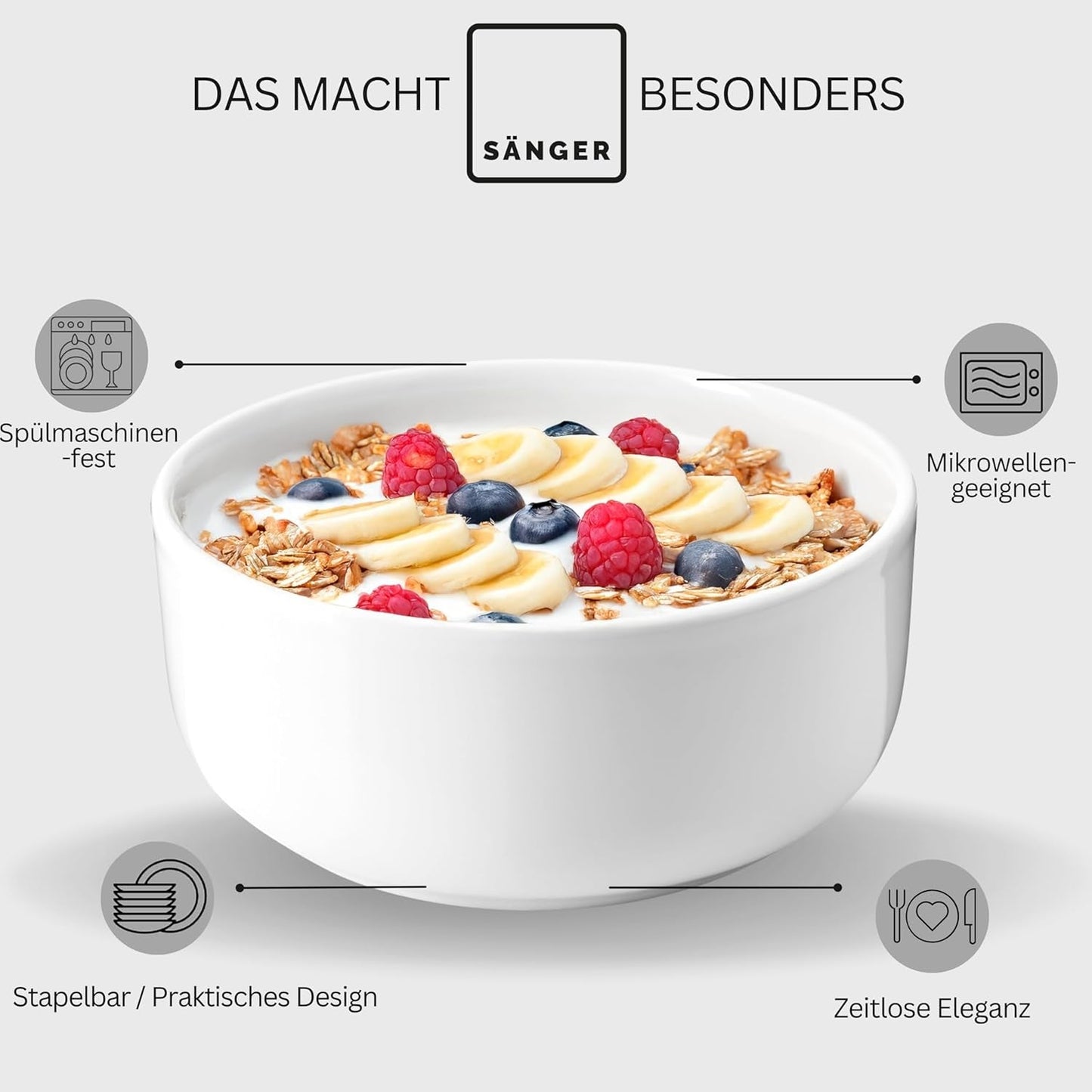 SANGER | Sada bílého nádobí Marlo 24dílná sada nádobí pro 6 s dezertními talíři, talíři, mísami a misky na cereálie Porcelánová sada talířů nádobí Moderní design PREMIUM KOLEKCE