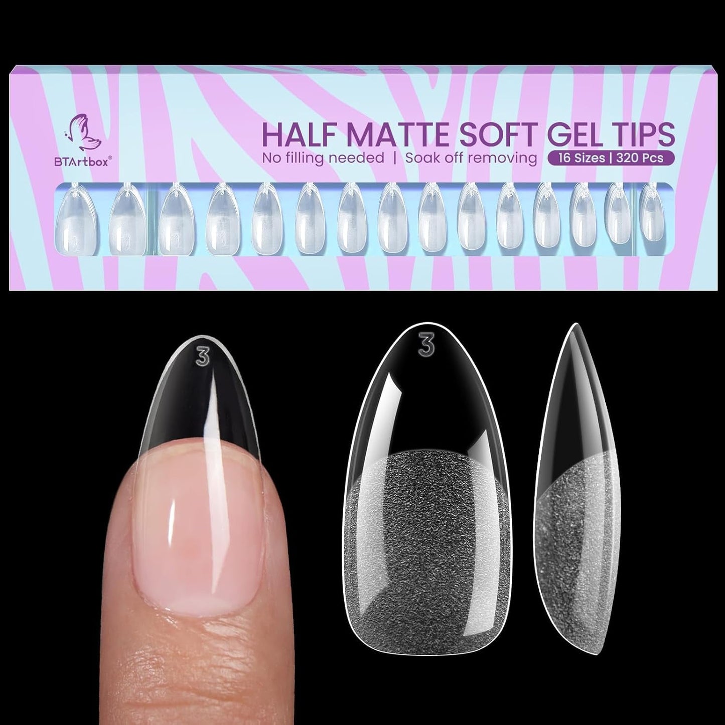 Btartbox Extra krátké mandlové špičky na nehty - Full Cover Gel X Soft XS Gelové špičky - Předtvarované polomatné pro široké nehty Salon 320 ks