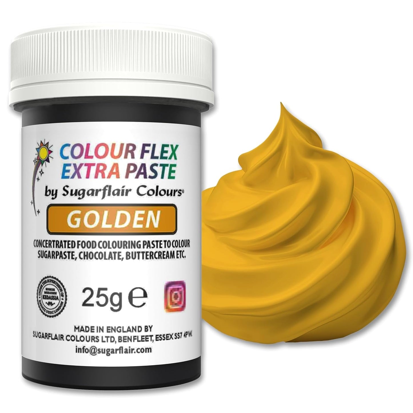 Potravinářské barvivo Sugarflair Colourflex Extra Paste Golden - Jedlé potravinářské barvivo na máslový krém, čokoládu, cukrovou pastu, polevu, fondán, dortové směsi, těsta a další - 25g