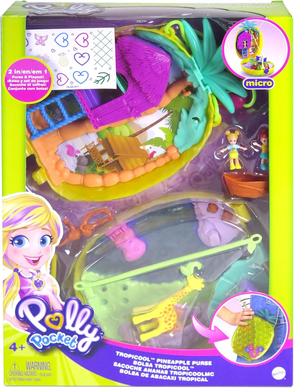 Polly Pocket GKJ64 - Přenosný ananasový kapesní box s 8 zábavnými funkcemi, panenkami Polly a Purple, 2 doplňky a archem samolepek; hračka pro děti od 4 let Papusi Naty Shop