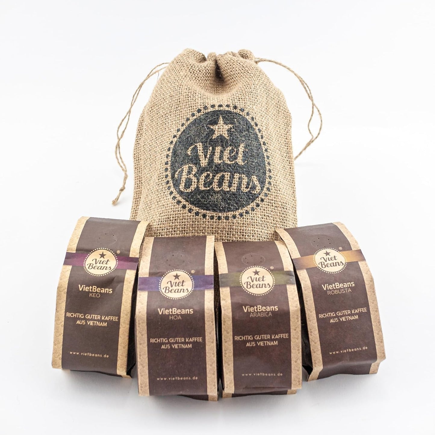 Kaffee Geschenk für Kaffeeliebhaber - Kaffeesack Juta - Vier Sorten exotischer Kaffee im Jutesack - Weihnachten Geschenkidee - Geschenk für Kaffeetrinker - Ganze Bohne