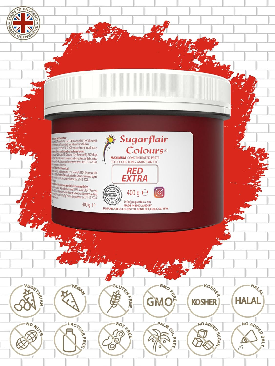Potravinářské barvivo Sugarflair Max Concentrated Red, vysoce koncentrované potravinářské barvivo na marcipán a fondán, pastové barvivo Max Concentrated - 400 g