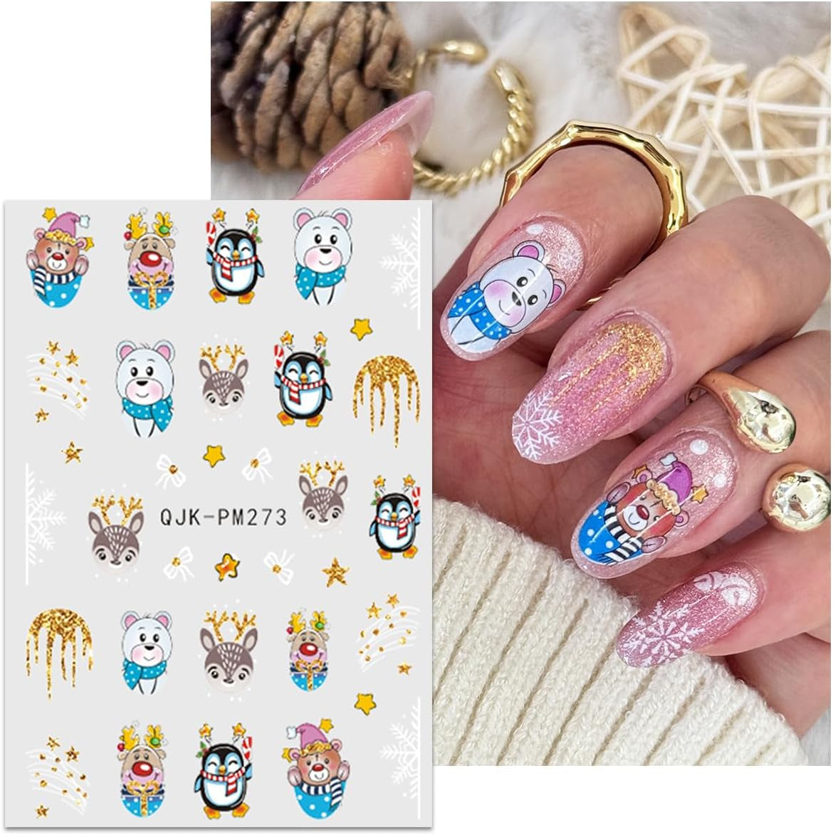 JMEOWIO Nálepka na nehty Weihnachten 10 Blatt Nálepka na nehty Selbstklebend Nagelaufkleber Glitter Schneeflocke Xmas Winter Urlaub Zlatá dekorace Nageldesign Zubehör