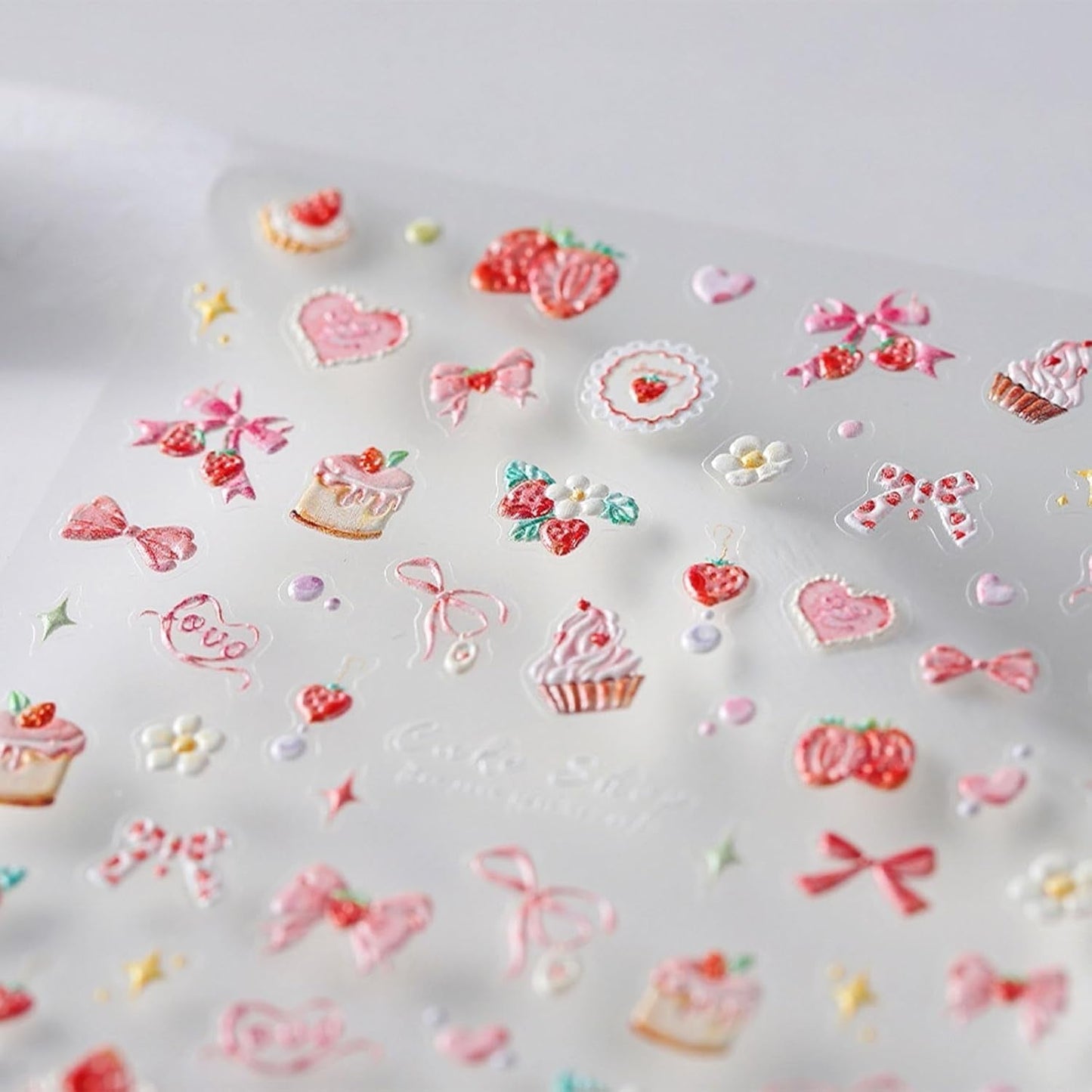 JMEOWIO 3D Nálepka na nehty Rosa Nálepka na nehty Selbstklebend Nagelaufkleber 5D Stereoskopisch Kuchen Erdbeerschleife Dekoration Nageldesign Zubehör 1 Blatt