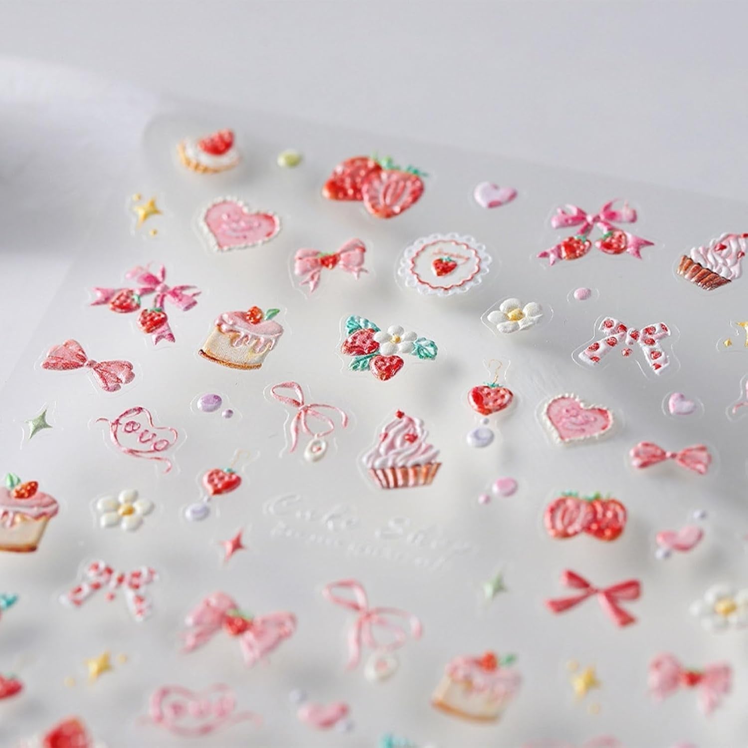 JMEOWIO 3D Nálepka na nehty Rosa Nálepka na nehty Selbstklebend Nagelaufkleber 5D Stereoskopisch Kuchen Erdbeerschleife Dekoration Nageldesign Zubehör 1 Blatt