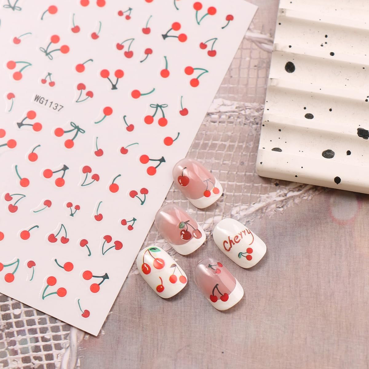 JMEOWIO Nálepka na nehty Kirschfrucht 6 Blatt Nálepka na nehty Selbtklebend Nagelaufkleber Dekoration Nageldesign Zubehör