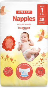 Ultra suché plenky Amazon, velikost 1 (2–5 kg) – měsíční krabička, bílá, počet 96 (2 balení po 48) (dříve značka Mama Bear, identický produkt)