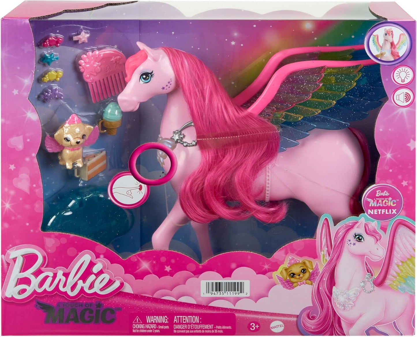 Barbie Pegasus Magic Hide and Seek – interaktivní hračka se světly a zvuky, 10 doplňků, duhová křídla, pro děti od 3 let, HLC41