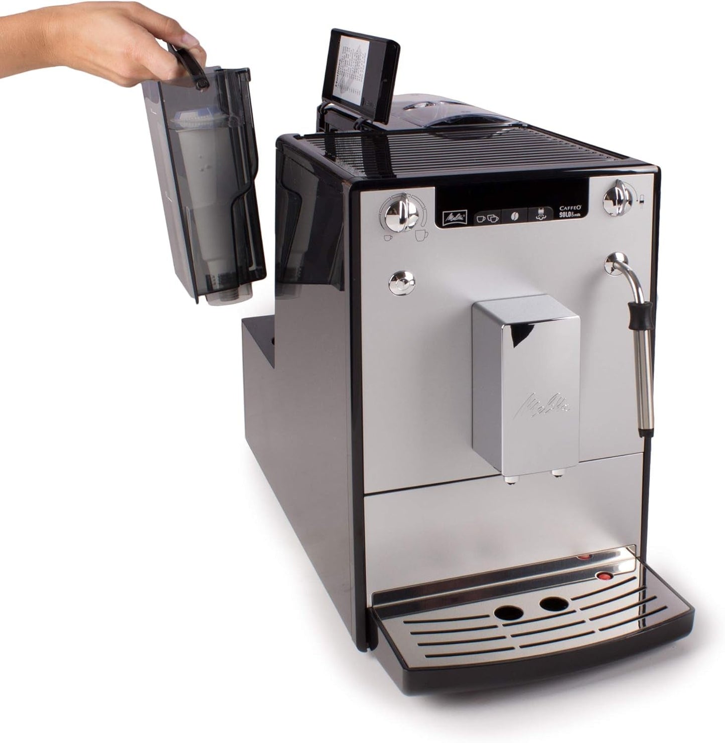 Melitta Solo & Milk - plně automatický tenký kávovar s napěňovačem mléka, kávovar s vyjímatelnou nádržkou na vodu, kupř. káva nebo cappuccino, stříbro