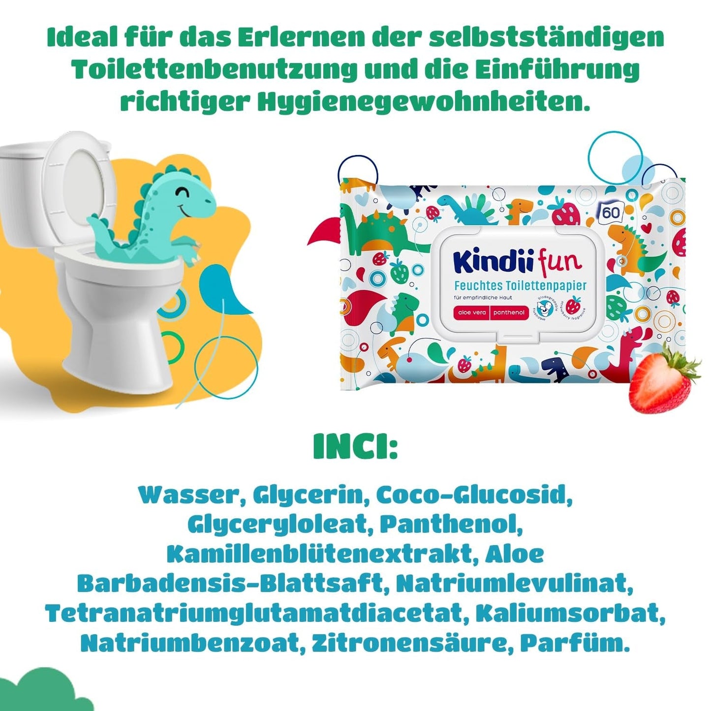 Kindii Fun Wet Toalet Paper - (10X60 kusů) Wet Toalet Paper - Heřmánek, Aloe Vera, Ph-neutrální, voděodolný, Osvěžuje intimní oblast - 600 kusů