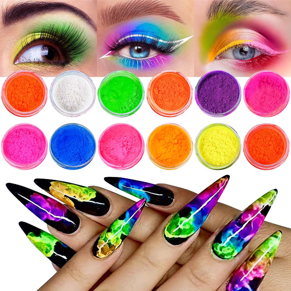 Neon Phosphor Pigment Pulver Für Nägel Lidschatten - 12 barev Neon Nagel Glitzer Augenpulver Maniküre Halloween Neon Make-up Dekoration Nail Art Staub Pigment