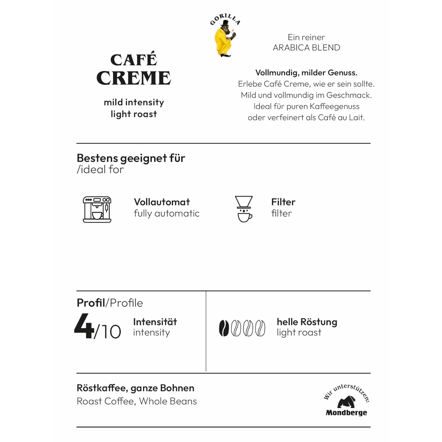 Gorilla Café Creme 6x 1000g | 100% tradiční Arabica-Bohnen | Ideální Volllautomaten Crema harmonisches Aroma | geriger Koffeingehalt helle Röstung | Vorratspackung