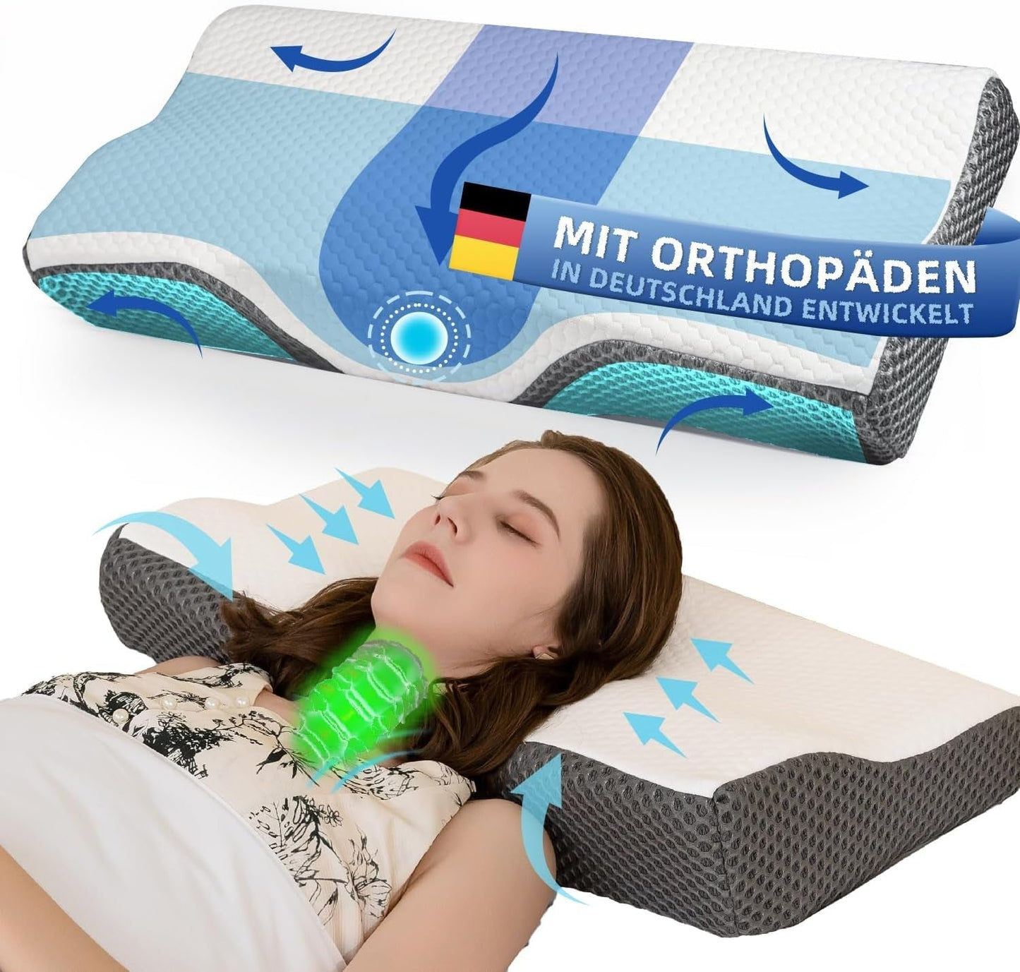 Polštář proti bolesti krku, Ergonomický ortopedický polštář na krk, Polštář s paměťovou pěnou na straně zadní části břicha, Polštář proti chrápání pro muže Ženy (62 * 34,5 * 12/8CM) Krční ortopedické polštáře Naty Shop Výchozí název