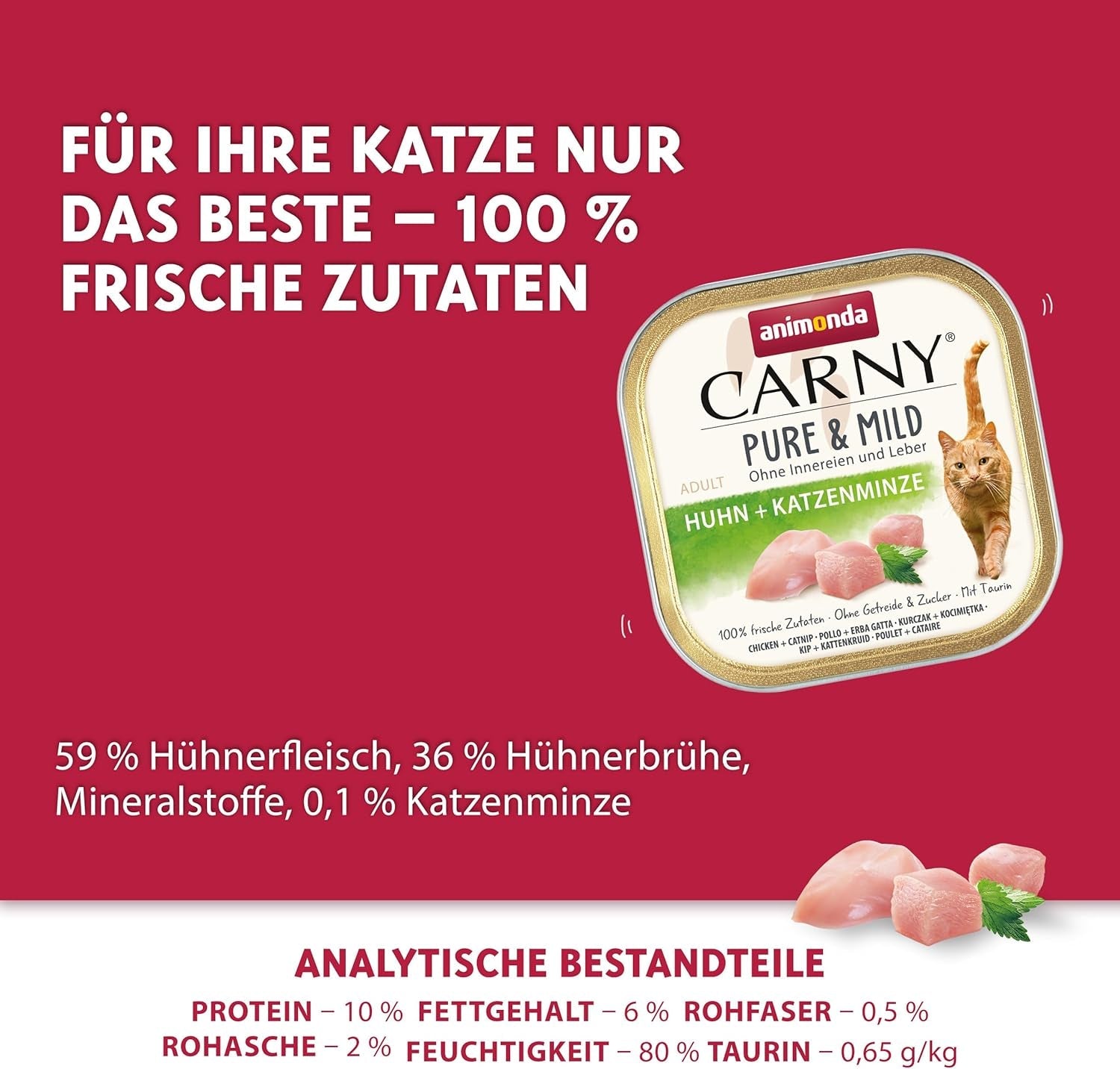 Adult Pure & Mild vlhké krmivo pro kočky s kuřecím masem a kočičím nipem (32 x 100 g), pro citlivé kočky, bez obilovin a cukru, lehce stravitelné vlhké krmivo s kuřecím masem