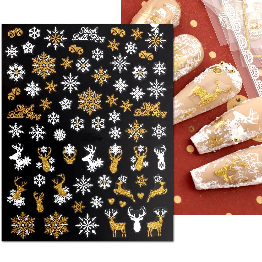 JMEOWIO Nagelsticker Weihnachten 9 Blatt Nail Art Sticker Selbtklebend Nagelaufkleber Schneeflocke Schneemann Festival Weißes Zlatá dekorace Nageldesign Zubehör