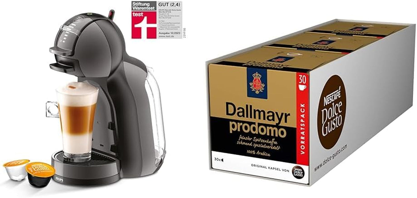 NESCAFÉ DOLCE GUSTO Krups KP1238 Mini Me kávovar na kapsle, 15 barů, kompaktní, vysokotlaký kávovar, více než 30 kávových kreací, výběr velikosti nápoje, černá/antracitová mit Dallmayr Prodomo