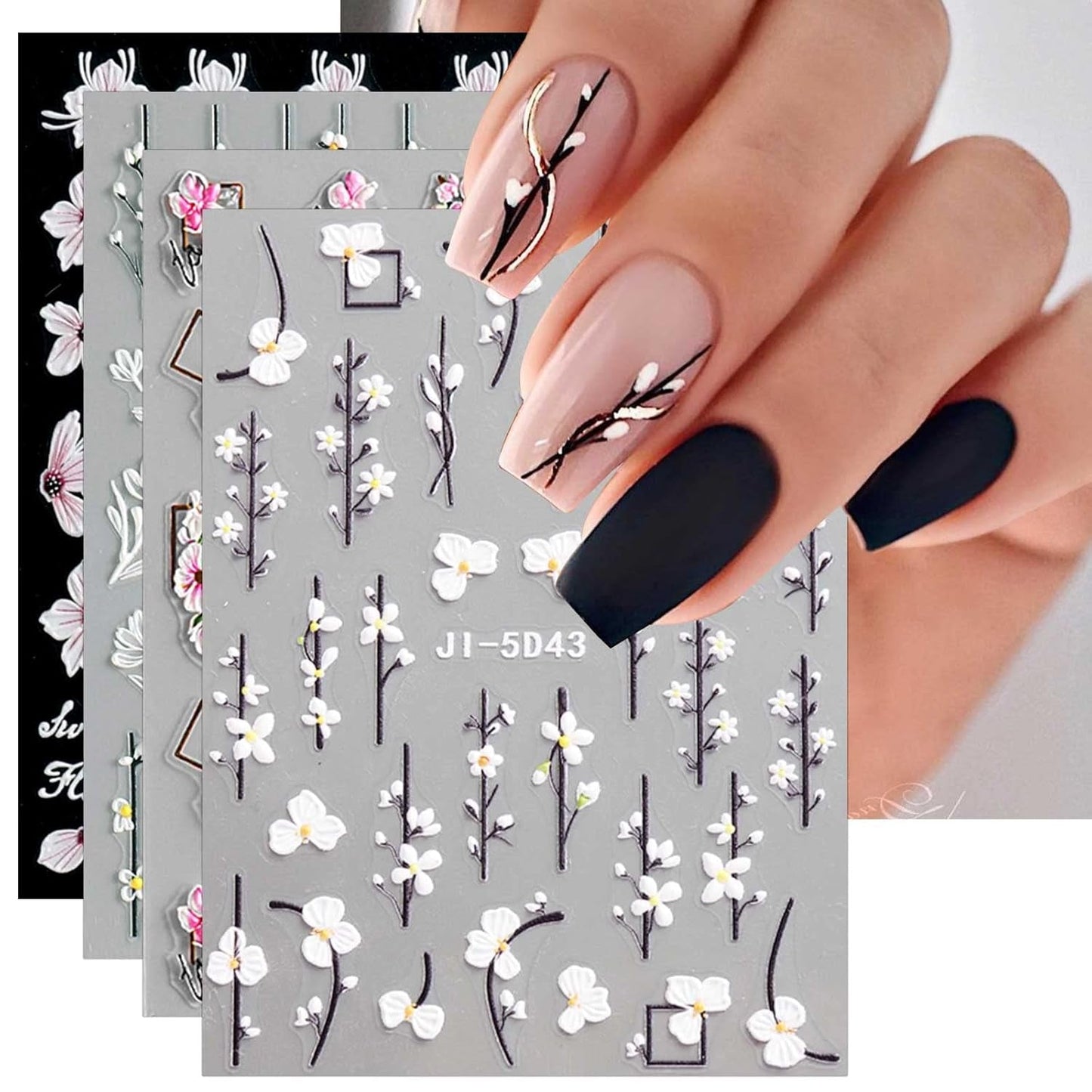 JMEOWIO 3D Nálepka na nehty Frühling Blume Nálepka na nehty Selbstklebend Nagelaufkleber 5D Stereoskopisch Buntes Letní Blumen Dekorace Nageldesign Zubehör 4 Blatt