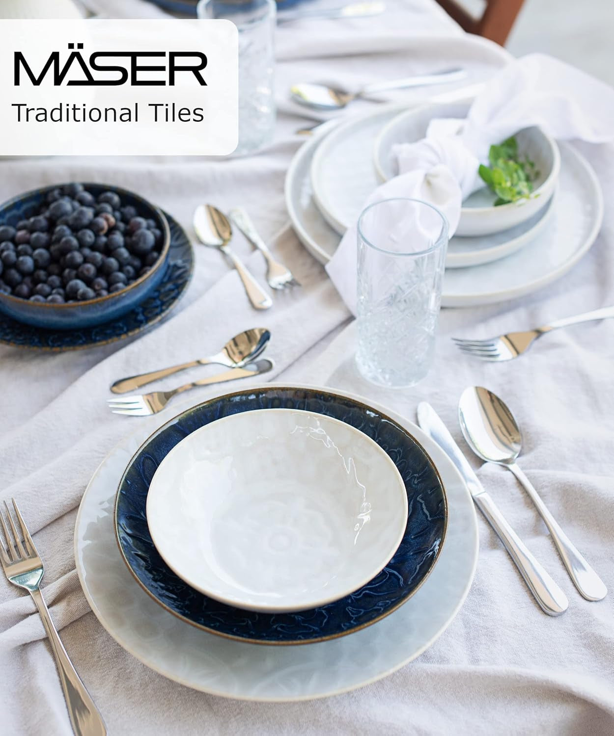 MÄSER 935079 Moderní vintage sada nádobí pro 2, maurský design, 8dílný stolní servis, vysoce kvalitní keramické talíře a misky, kamenina, bílá