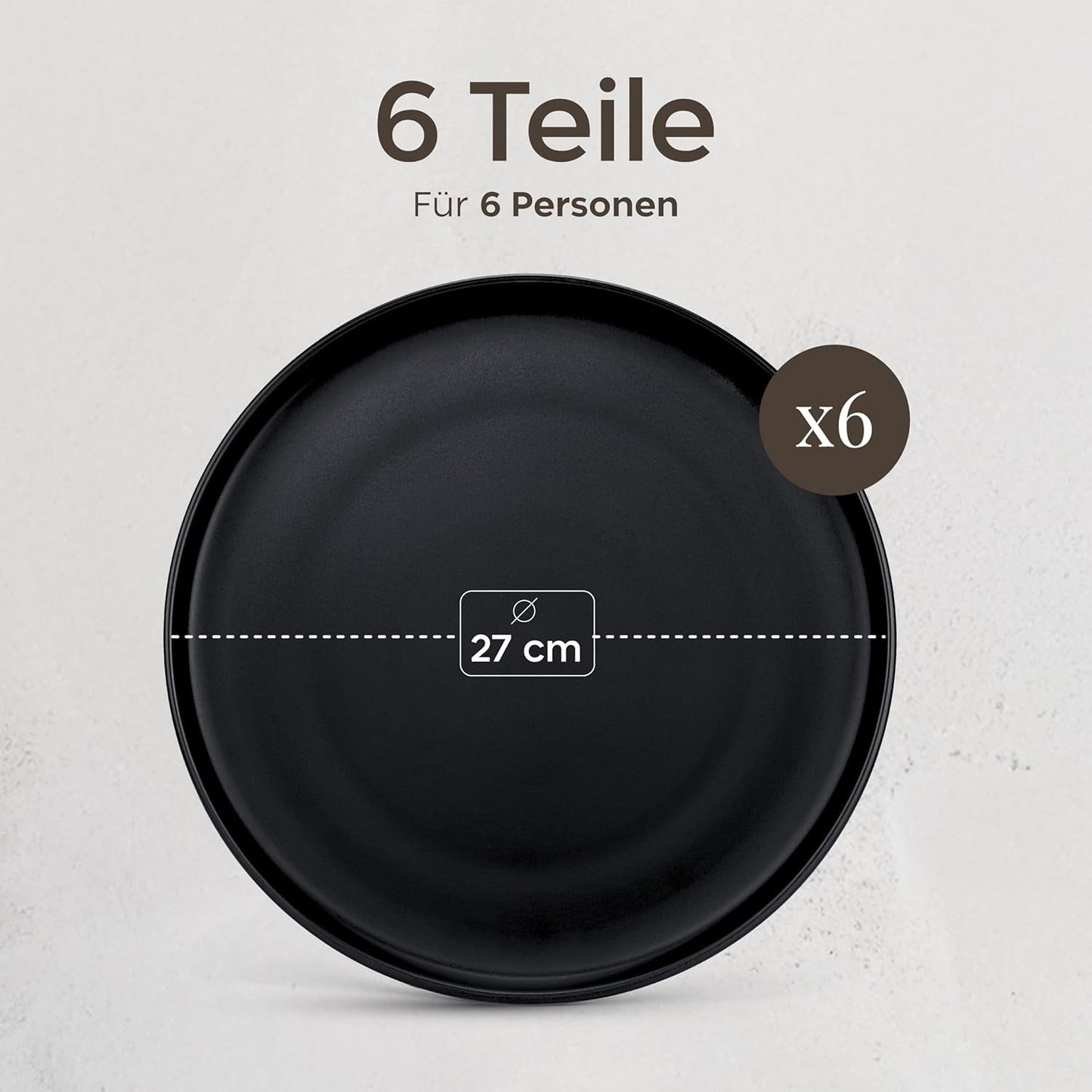 Sada kameninových talířů pro 6 – matná černá 6dílná sada Velké talíře vhodné do mikrovlnné trouby Elegantní design – kolekce Twinzee Ebony