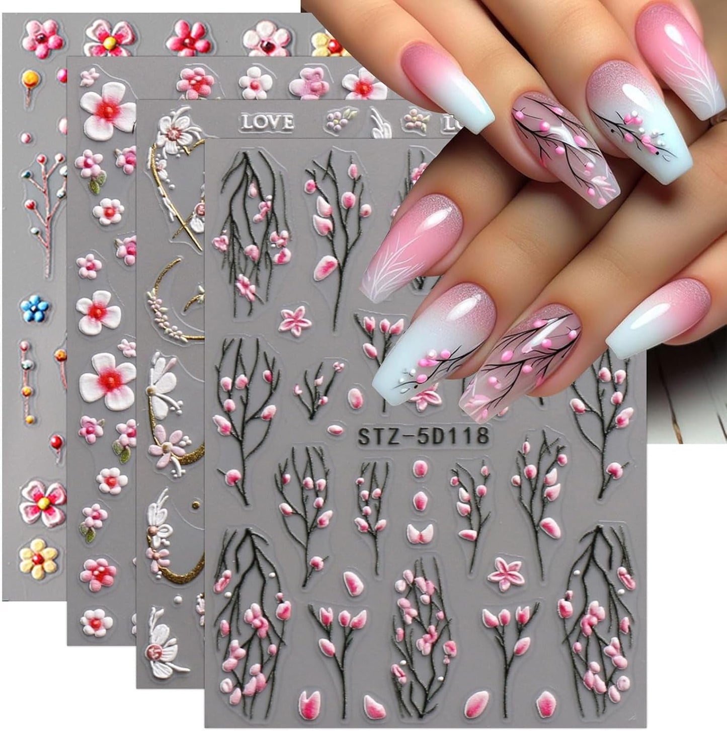 JMEOWIO 3D Nálepka na nehty Blume Nálepka na nehty Selbstklebend Nagelaufkleber 5D Stereoskopické jarní letní květinové dekorace Nageldesign Zubehör 4 Blatt
