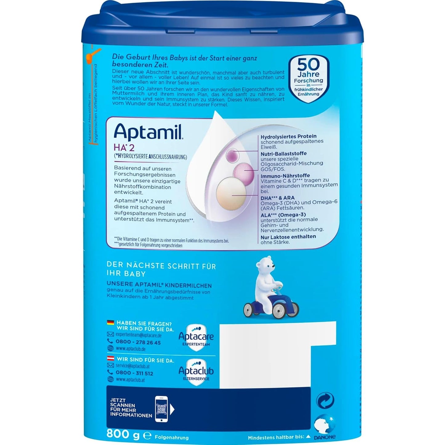 Aptamil HA 2 – Pokračovací mléko po 6 měsících, s Omega 3 a 6, DHA, ARA a ALA, bez laktózy, bez palmového oleje, dětská výživa, sušené mléko, 1 x 800 g (balení 4 ks)