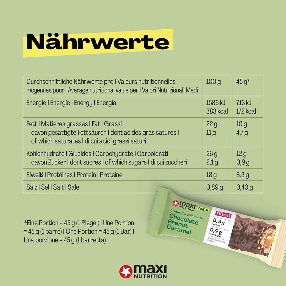 MaxiNutrition Krémová veganská proteinová tyčinka s čokoládou, arašídy a karamelem 12x45g - veganská proteinová tyčinka, 18% protein, 8,3g na tyčinku, nízký obsah cukru (0,9g), bez přidaného cukru, bez umělých aromat