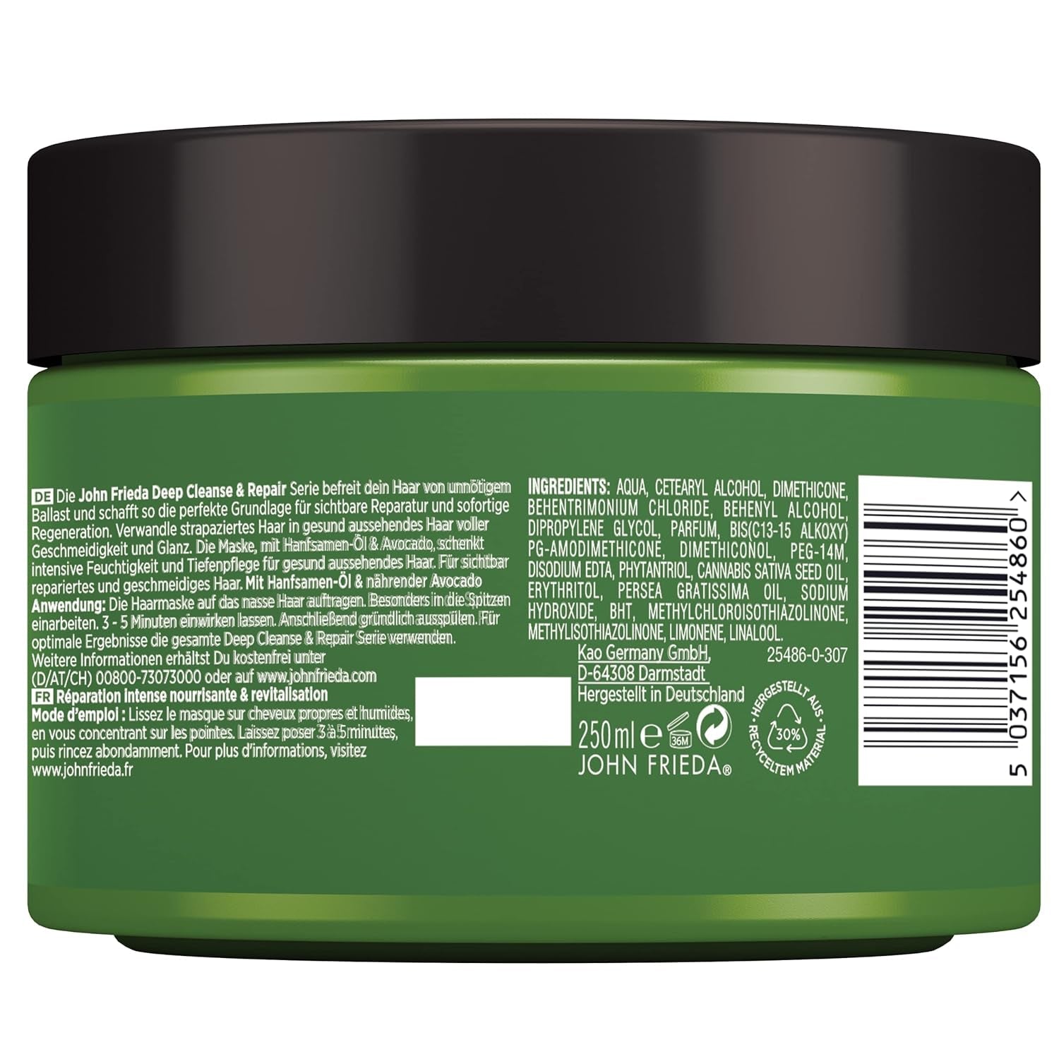 John Frieda - Deep Cleanse & Repair Mask / Treatment - Obsah: 250 ml - S konopným olejem + výživným avokádem - Zklidňující maska na vlasy pro poškozené vlasy Maska na vlasy Naty Shop