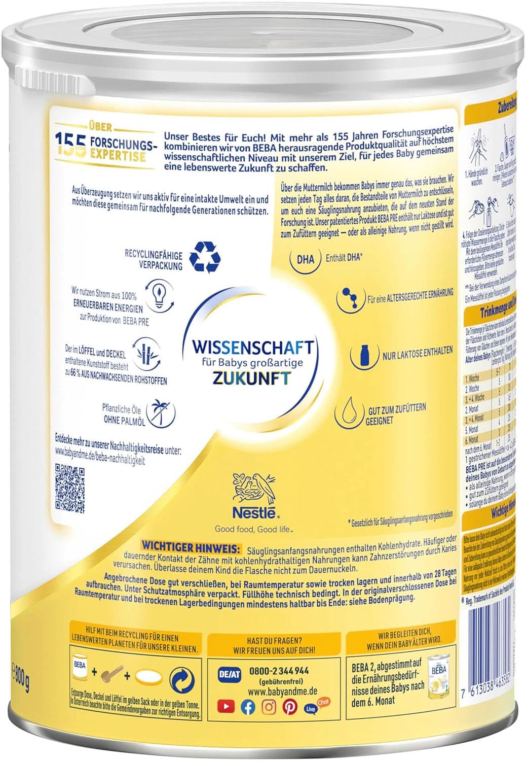 BEBA PRE Počáteční mléko od narození, dětská výživa s DHA, pouze laktóza, bez palmového oleje, balení 3 (3 x 800 g) Naty Shop