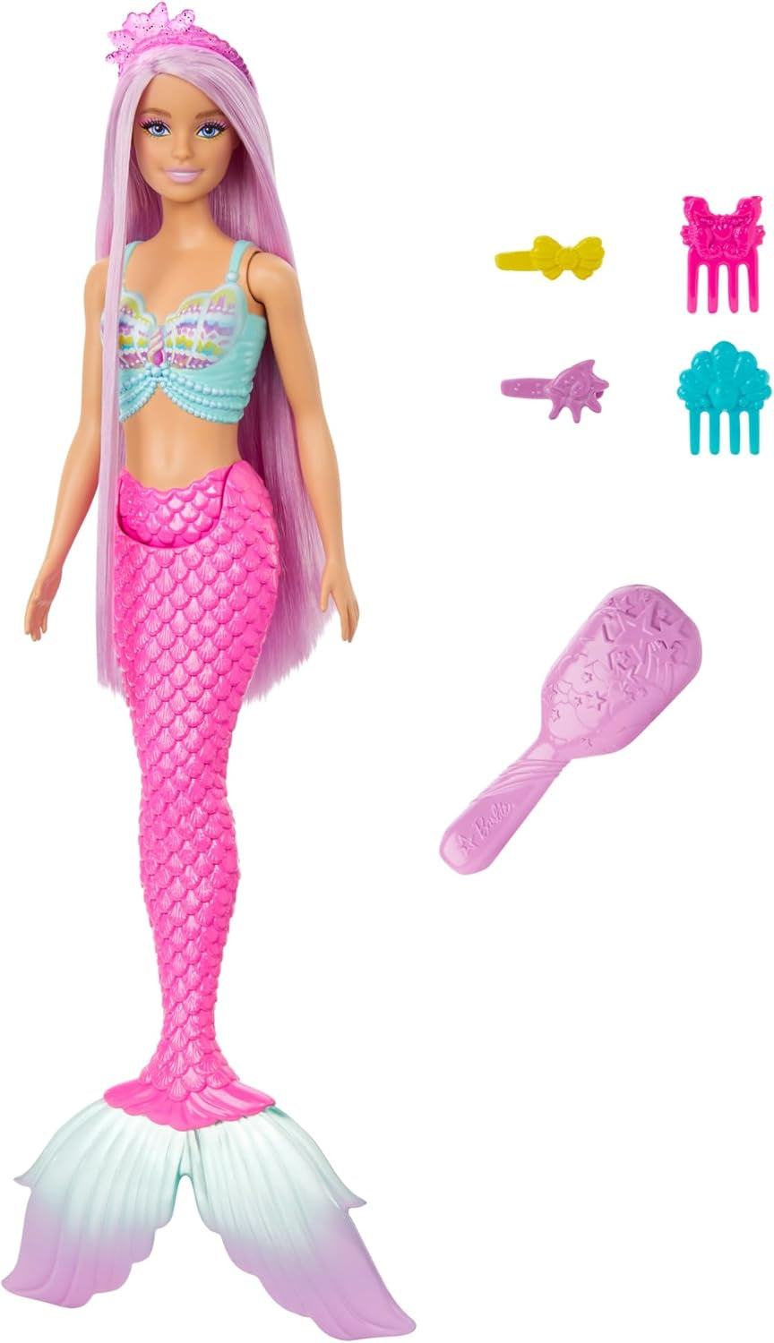 Panenka Barbie mořská víla – s dlouhými růžovými vlasy a individuálními stylingovými doplňky, včetně kartáče, krásné hřebenatky a růžové ocasní ploutve, pro děti od 3 let, 00 HRR
