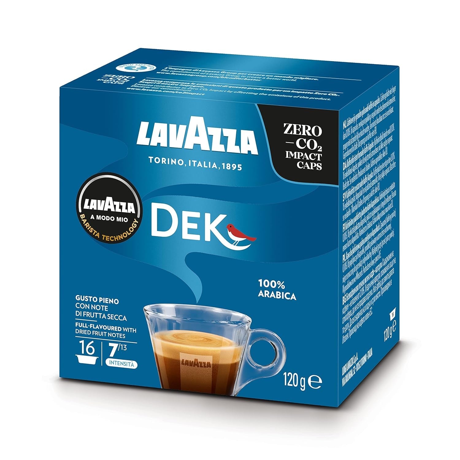 Lavazza A Modo Mio Dek Cremoso, 256 kávových kapslí, na espresso bez kofeinu s aromatickými tóny mandlí a canditis, 100% Arabica, intenzita 7/13, středně pražení, 16 balení
