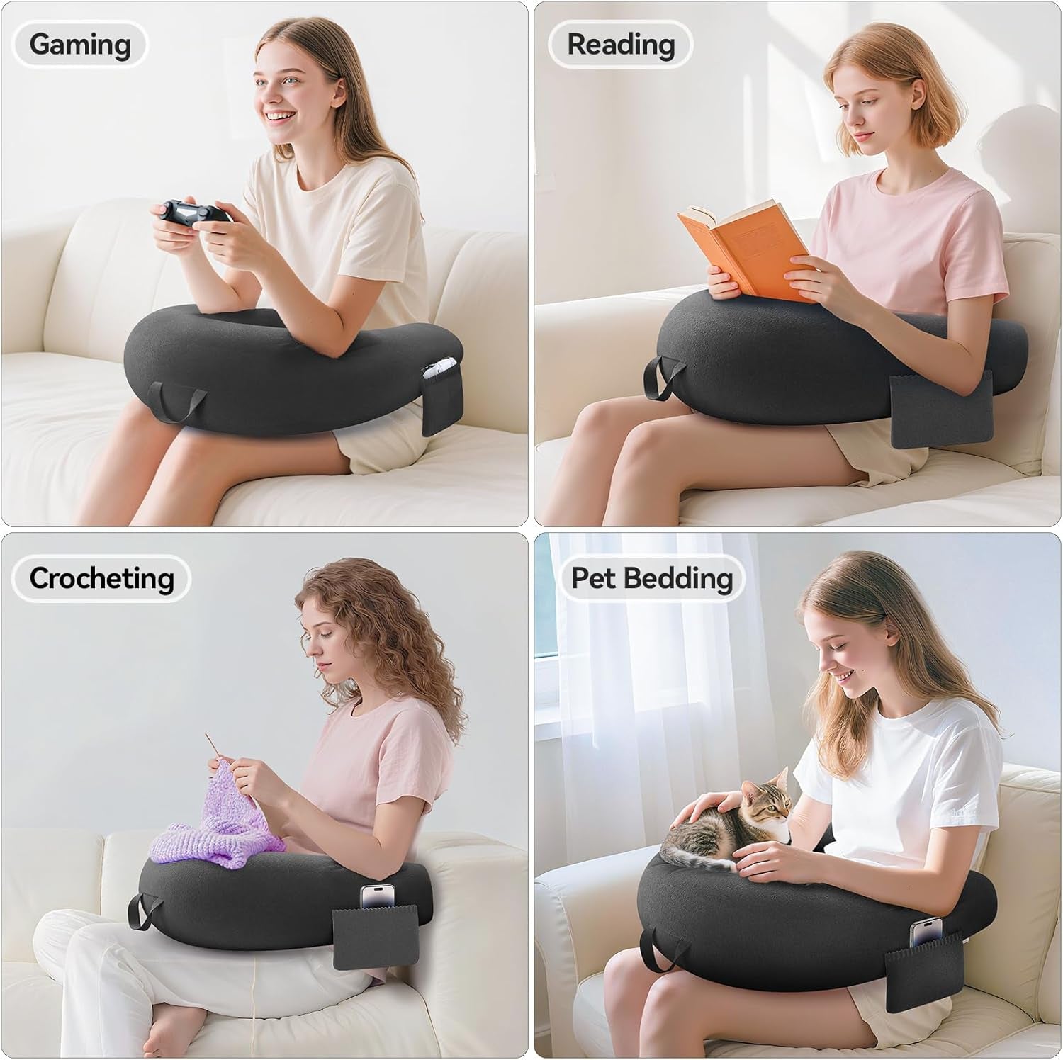 Polštář na hraní a čtení, Polštář na čtení na postel/gauč/na podlahu, Polštář na krmení/háčkovaný polštář s velkým ergonomickým herním polštářem, Polštář pro hráče pro iPad/Laptop – černý